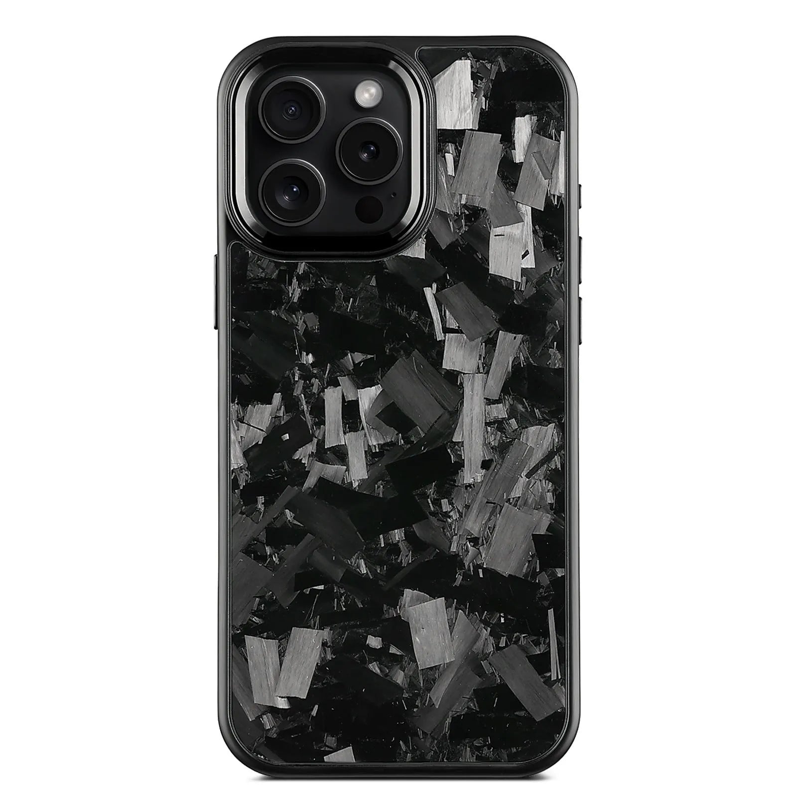 Black metal-framed carbon fibre iPhone case with forged pattern and magnetic feature.