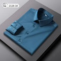 Men's loose fit long-sleeved non-ironing shirt in a solid colour, made from breathable polyester spandex fabric.