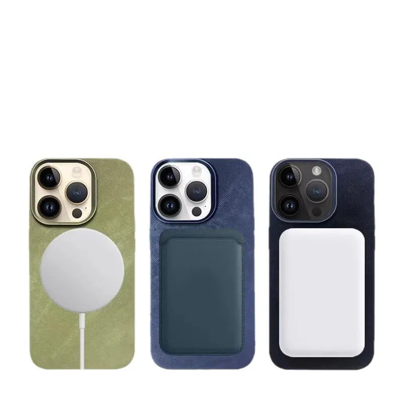 Magnetic leather hard case for iPhone with velvet interior in silver grey colour.