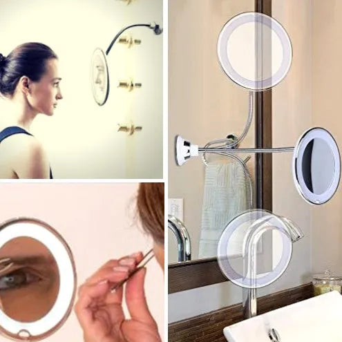 White 10x magnifying LED makeup mirror with gooseneck and suction base on a countertop