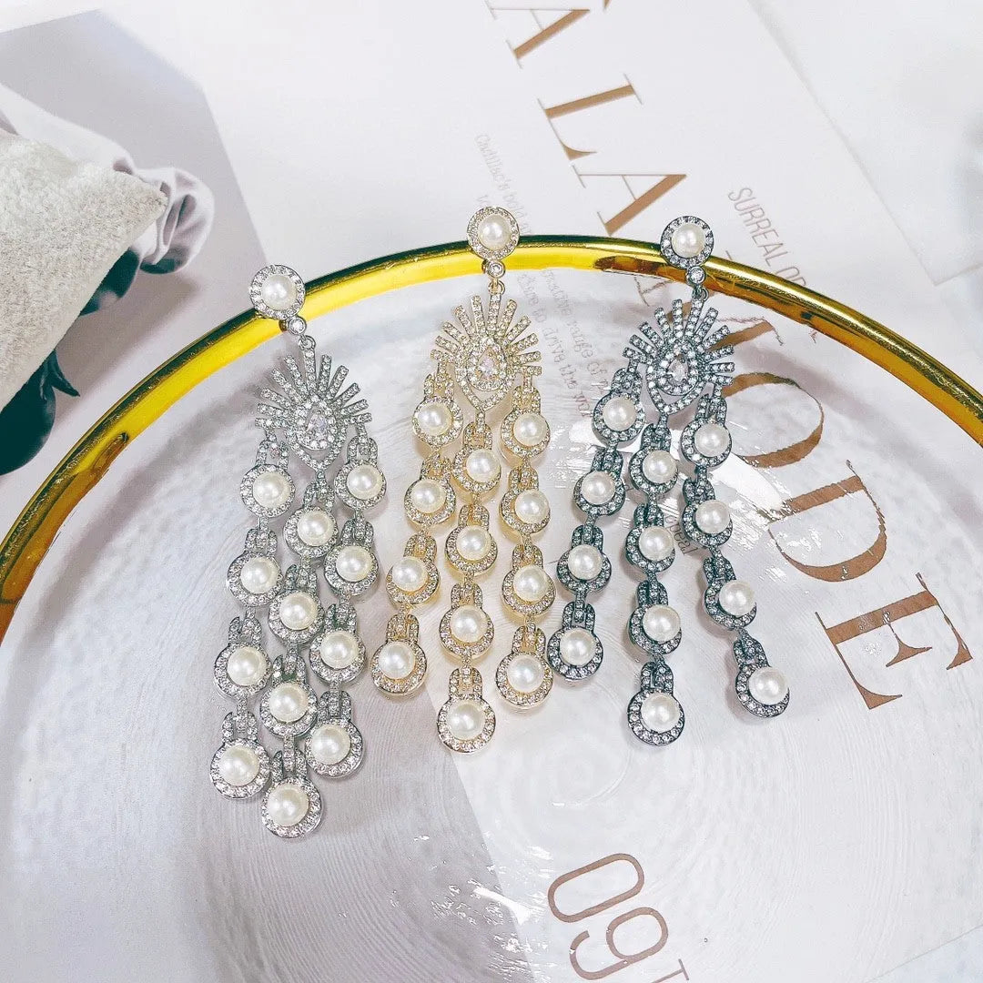 Micro inlay zircon beaded fringe earrings in gold zircon colour on copper base, drop dangle style