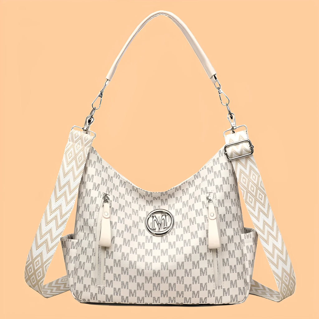 Retro simple printed PU leather messenger bag with double shoulder straps and an outer sandwich pocket.