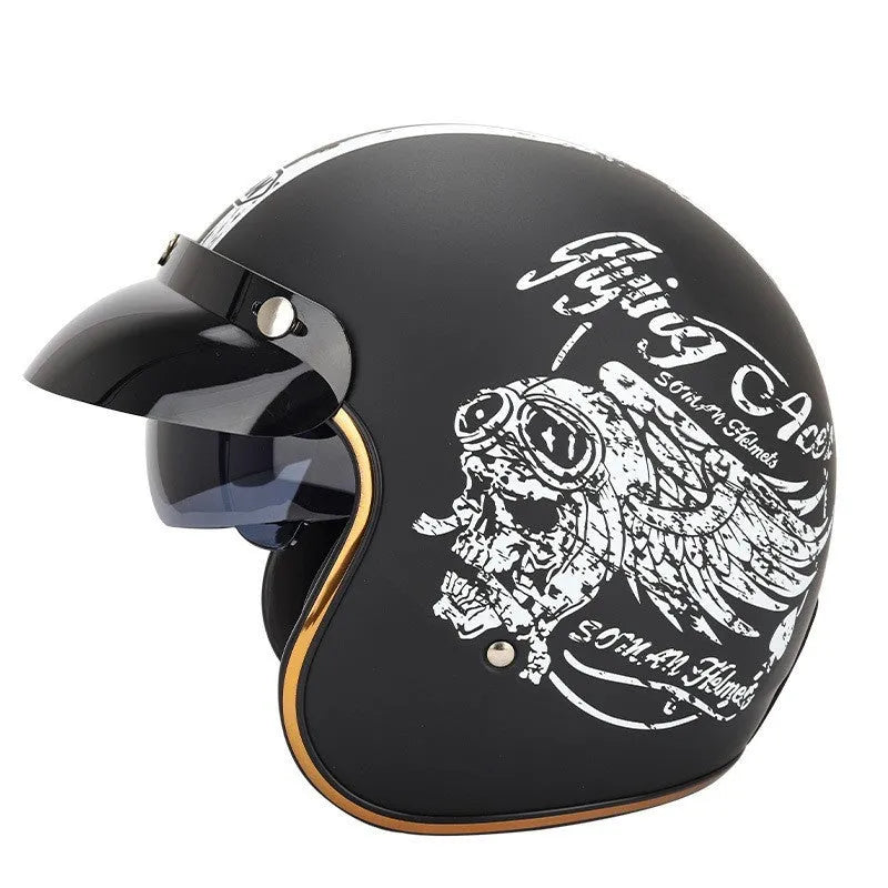 Retro-style half helmet for electric bicycles shown in a selection of colours including black, grey, white, and yellow.