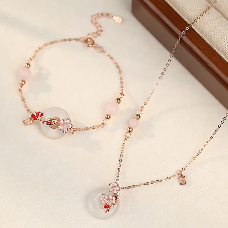 S925 sterling silver bracelet with white chalcedony crystals in floral new Chinese style design
