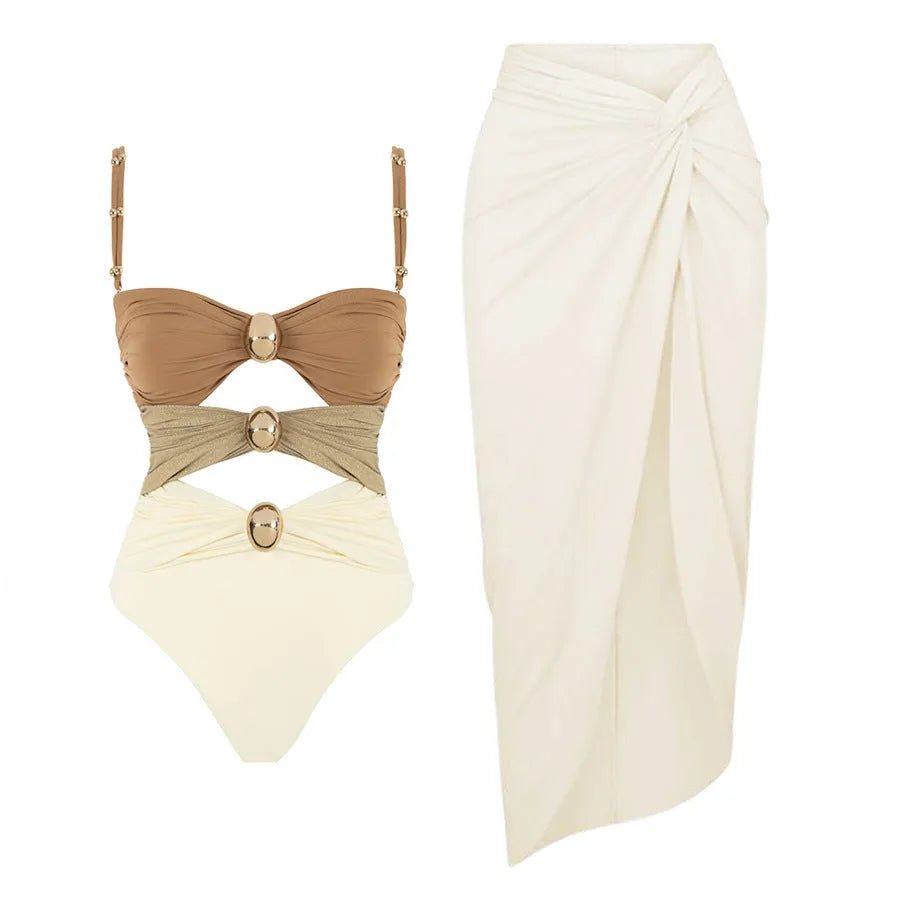 Women's solid colour one-piece swimsuit with a matching skirt in assorted colours