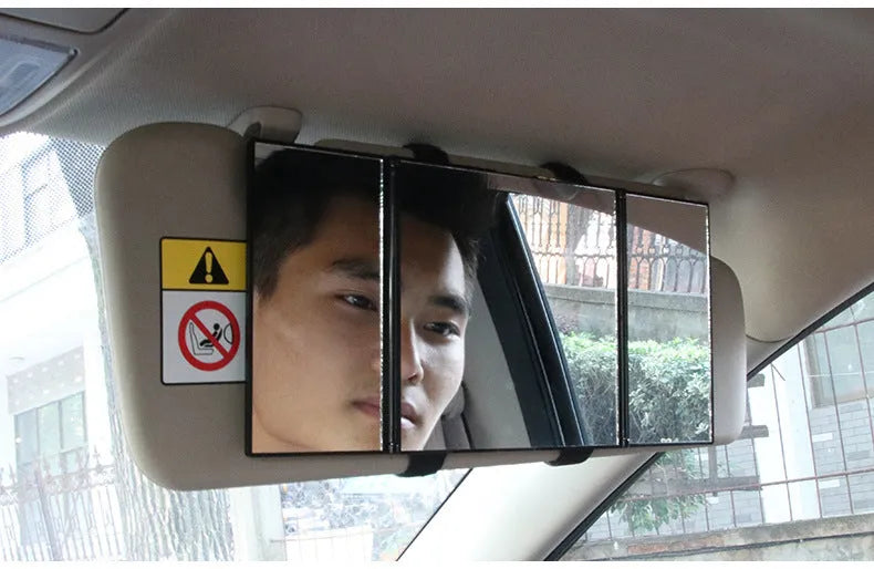 Silver car folding makeup mirror shown both closed and opened, with ABS frame and glass mirror.