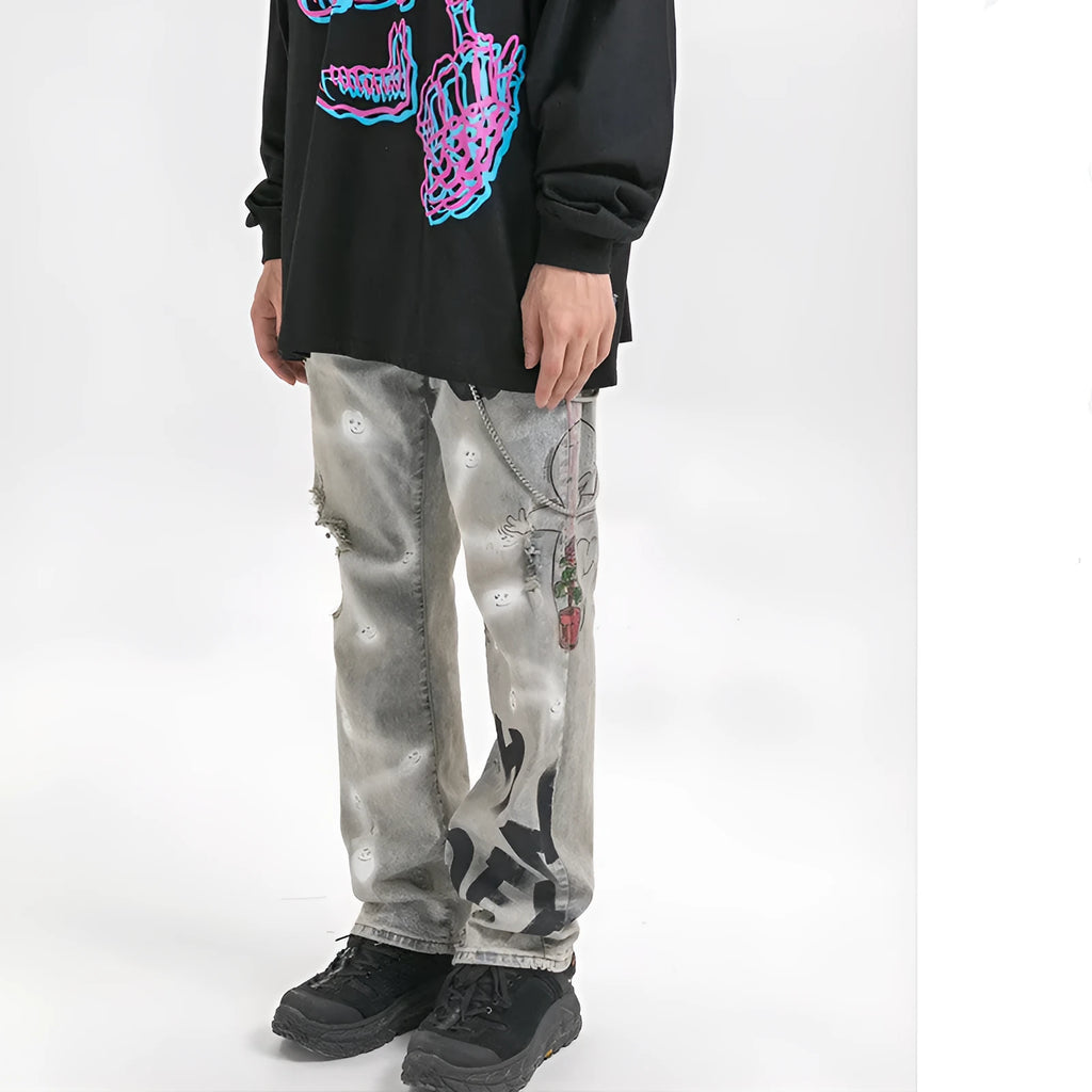 Men's grey cotton jeans trousers, sizes S to XXL, with waist, hip and length measurements in cm.