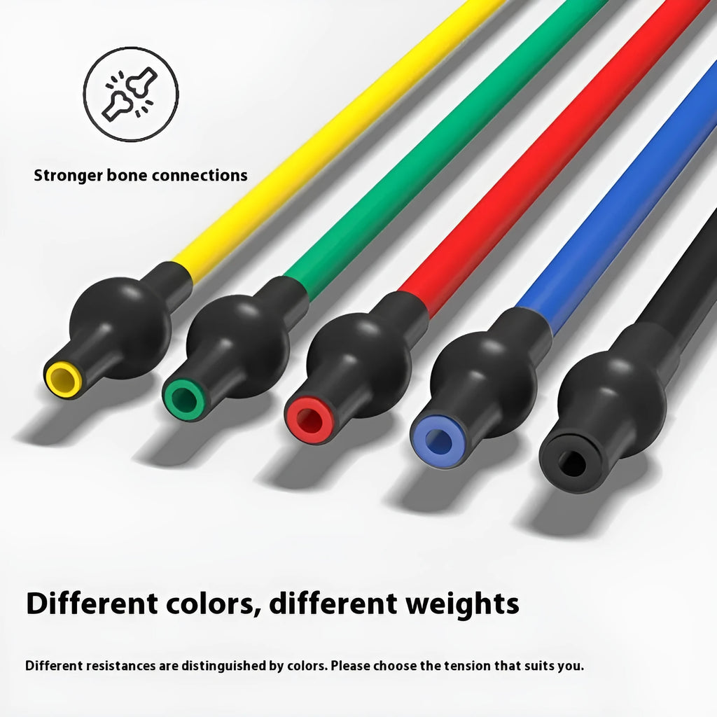 Yellow, green, red, blue, and black TPE chest expander with adjustable resistance levels.