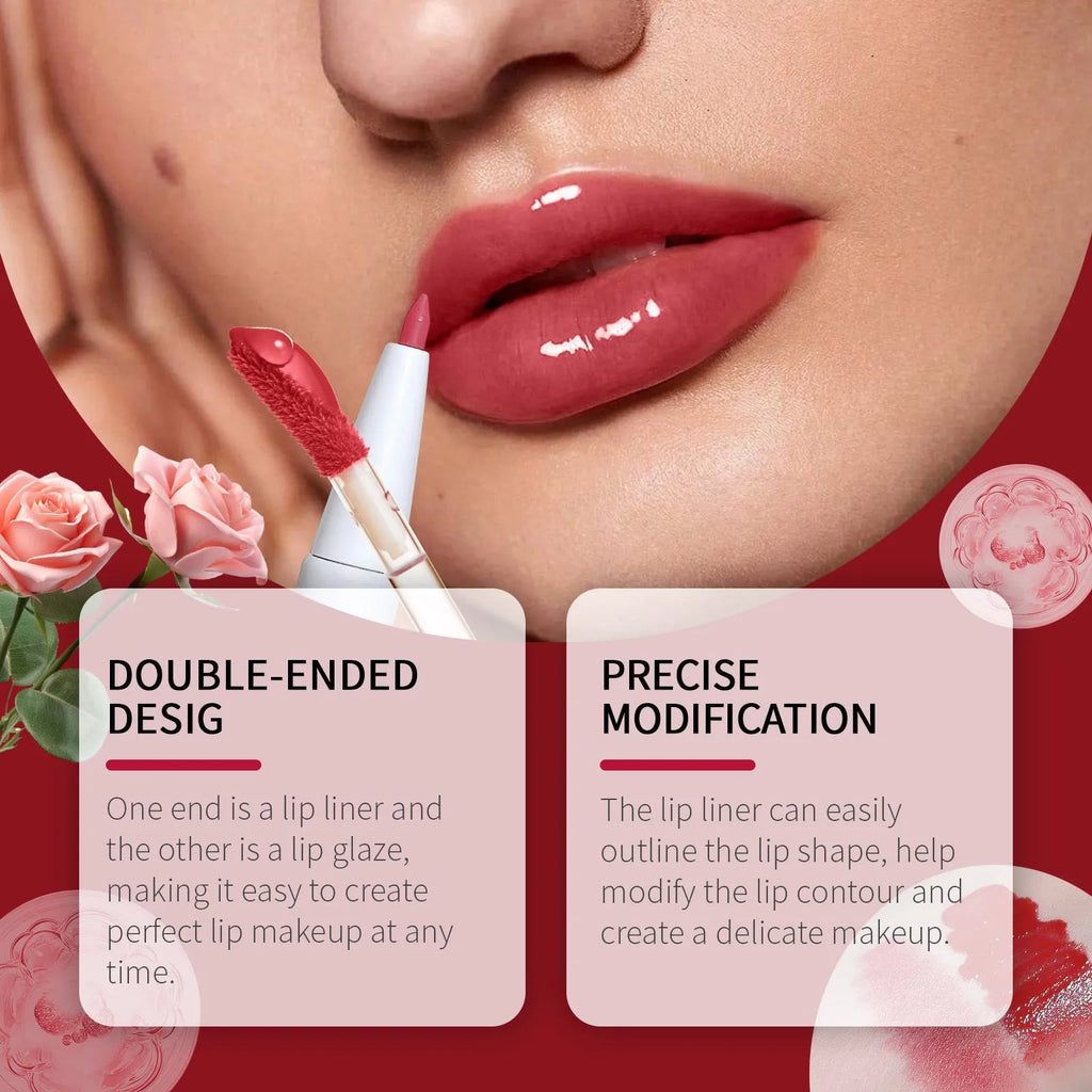 Dual-ended lip liner and lacquer pen showing two applicator tips and three colour shade options.