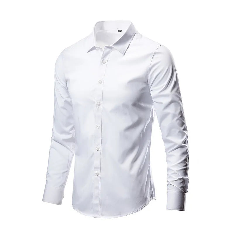 Men's loose-fit linen long-sleeve button-up shirt in a slim casual style on a hanger.