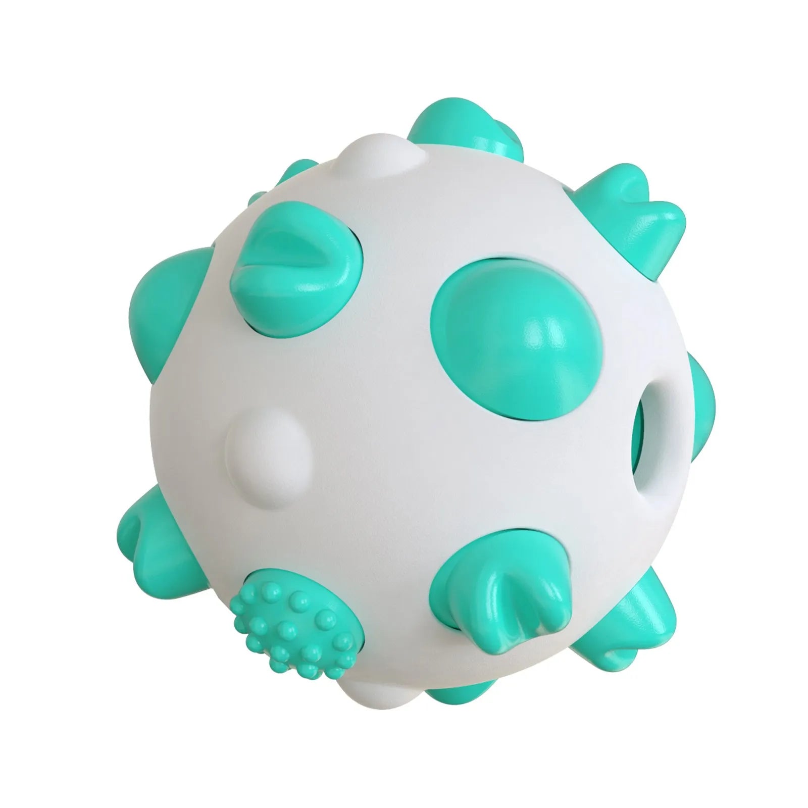 Blue green and yellow spherical dog chew toy with textured bumps and a hollow centre.