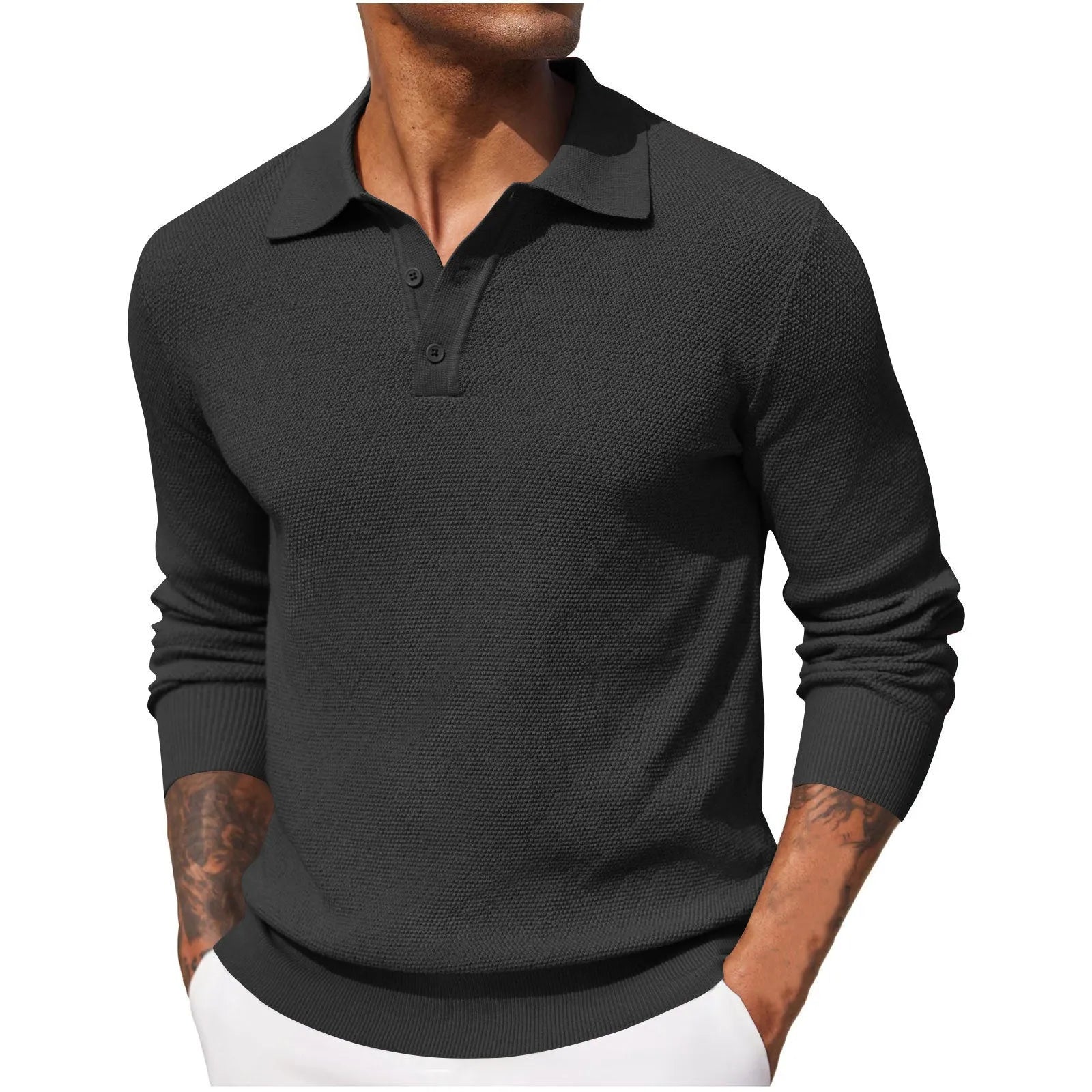 Men's solid colour long-sleeved polyester top in wine red, casual style, autumn wear