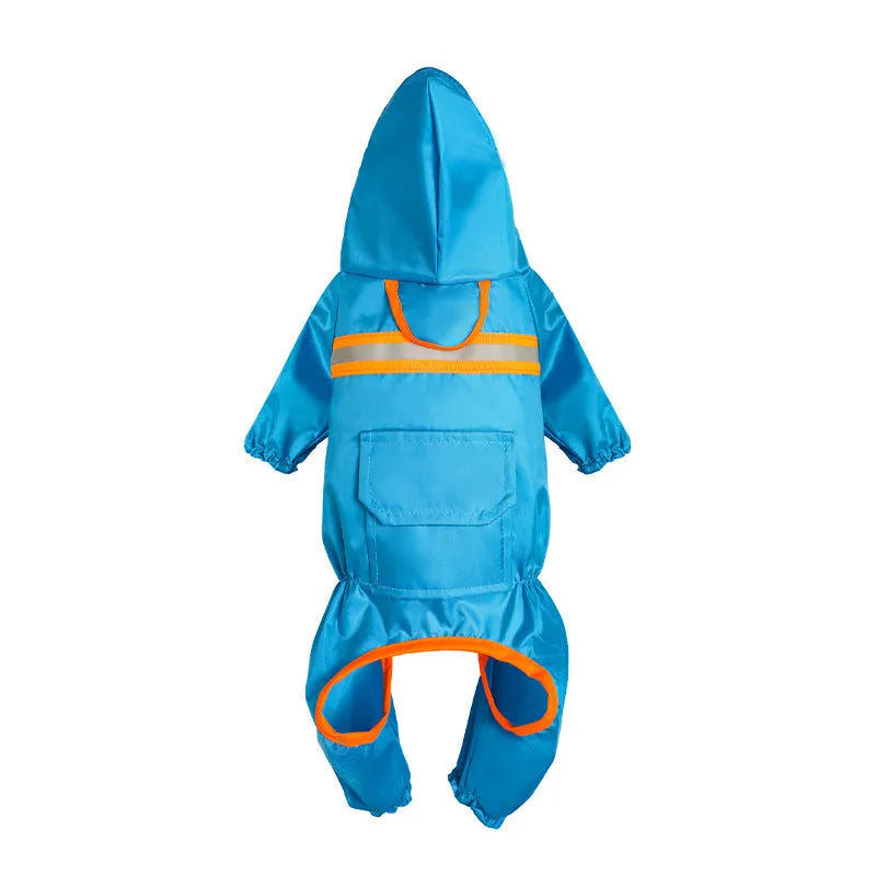 Pet reflective raincoat in orange on a small dog with reflective strip visible on the back