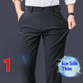 Men's straight leg business casual trousers in dark blue, polyester blend, size M to 4XL