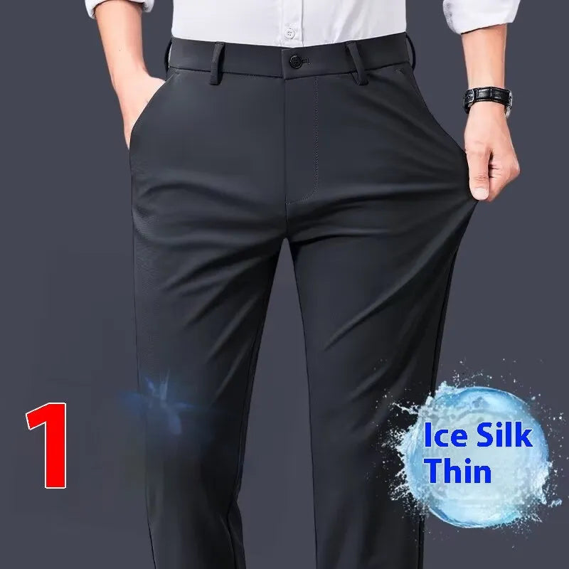 Men's straight leg business casual trousers in dark blue, polyester blend, size M to 4XL