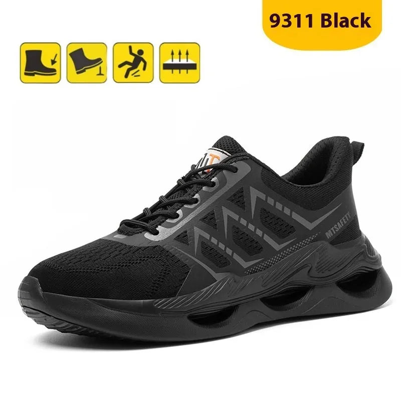 Black low-top steel toe cap safety work shoes with flat knitted uppers and lace-up front.