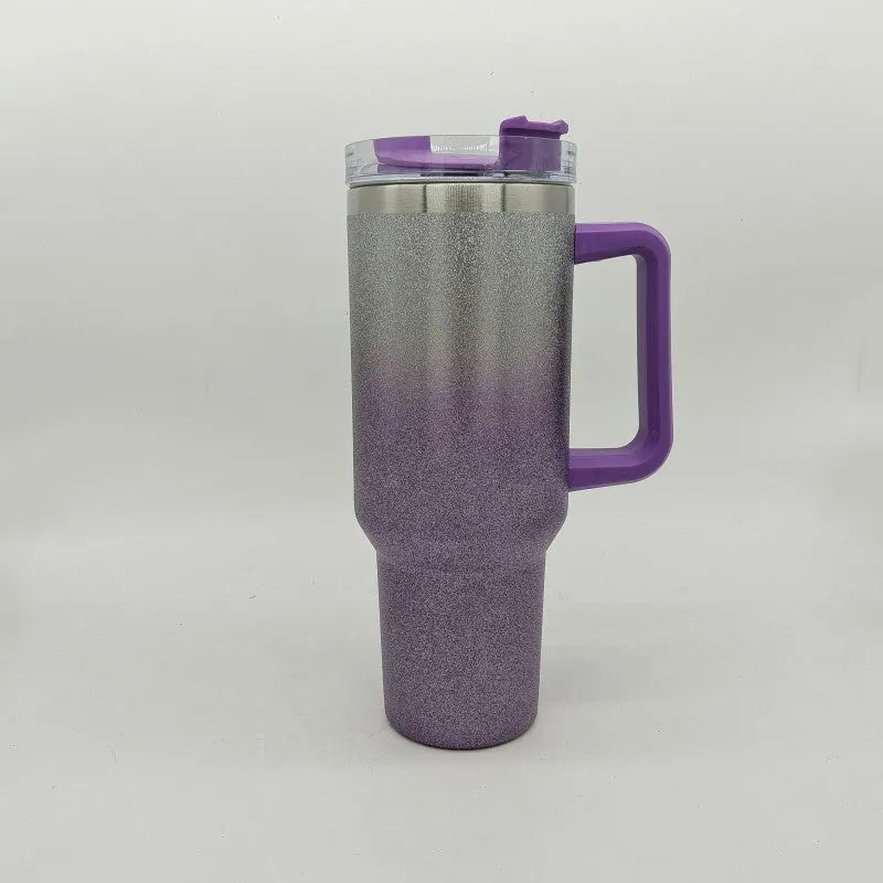 Stainless steel vacuum insulation cup in rainbow gradient colours showing double-layer construction