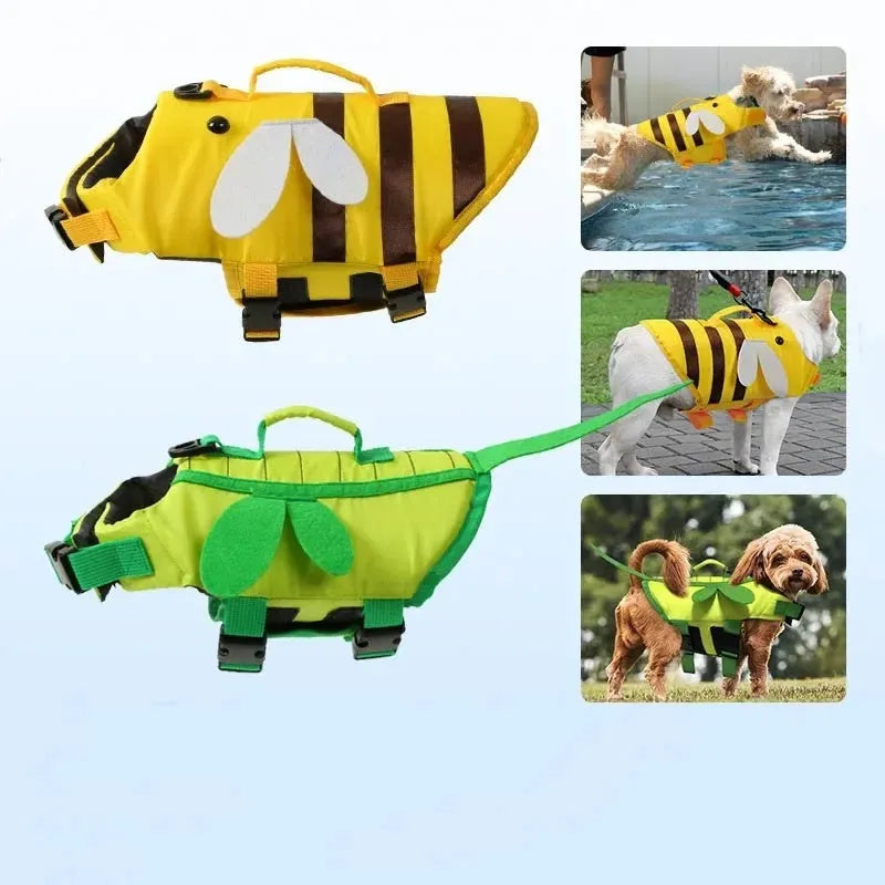 Green dog life vest with reflective trim and adjustable straps for swimming safety.