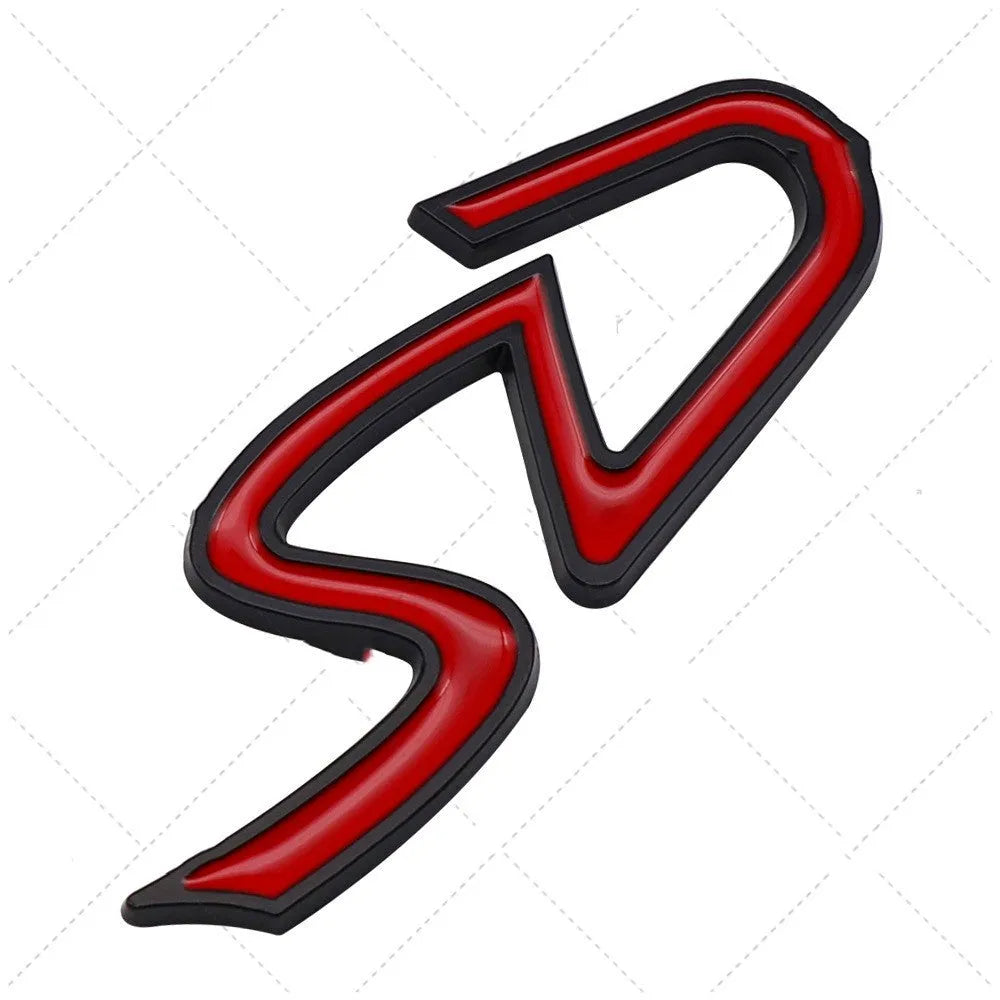 Metal decorative car bumper stickers showing SD, D and S patterns in red, silver and black colour combinations