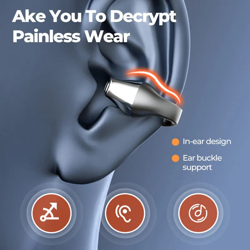 Ear clip bone conduction headphone Bluetooth 5.2 with 15mm speaker and 36h battery in black