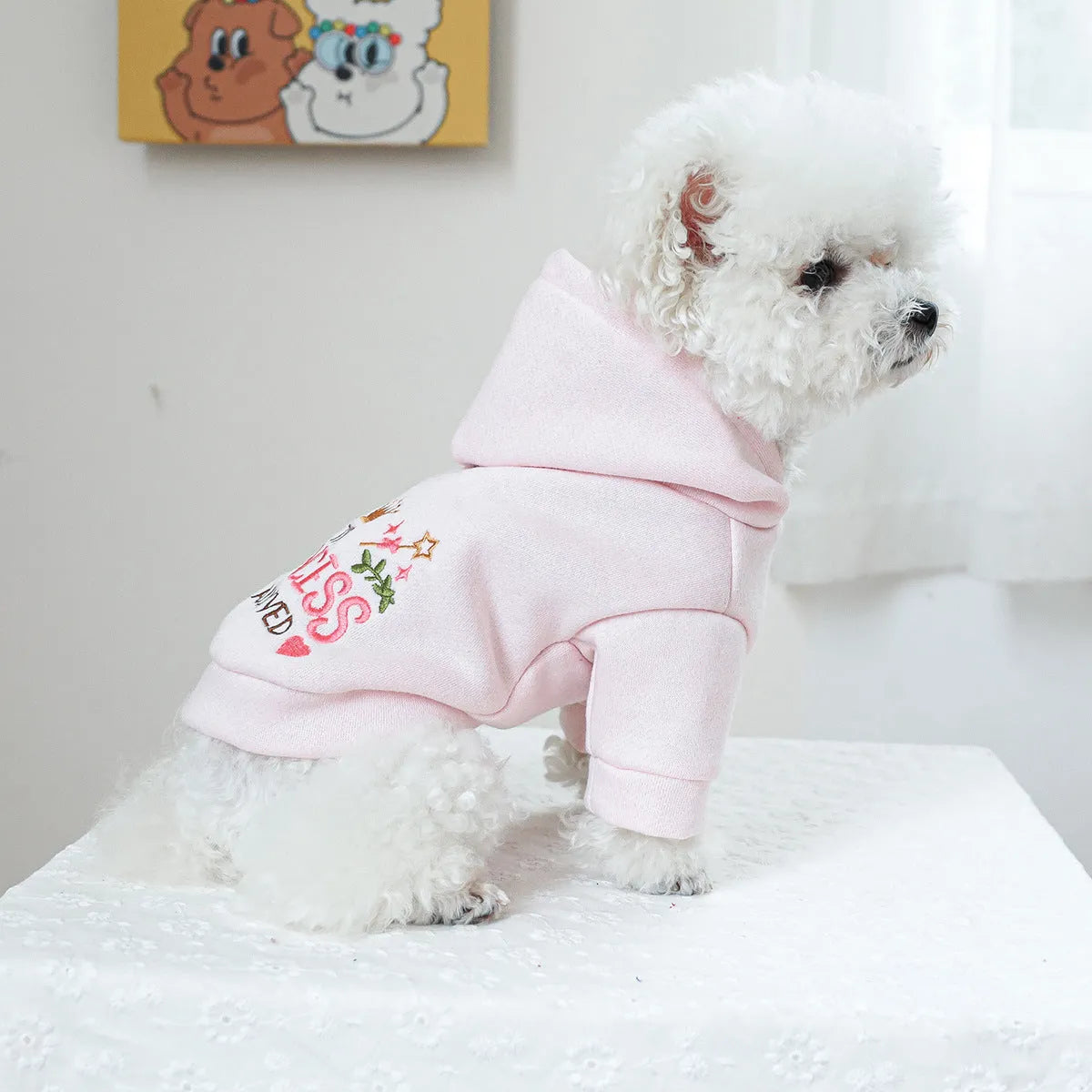 Hooded princess style pet sweater for small dogs and cats in polyester material