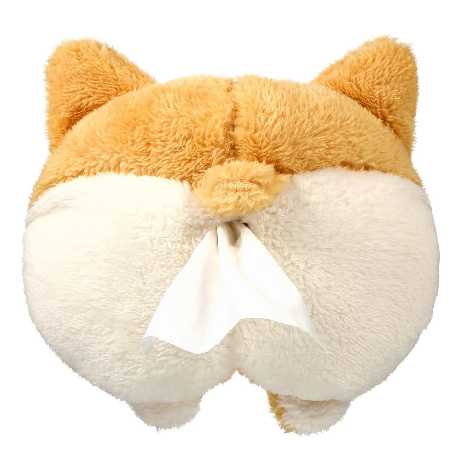 Yellow soft plush corgi butt-shaped tissue box cover with elastic back for car visor.