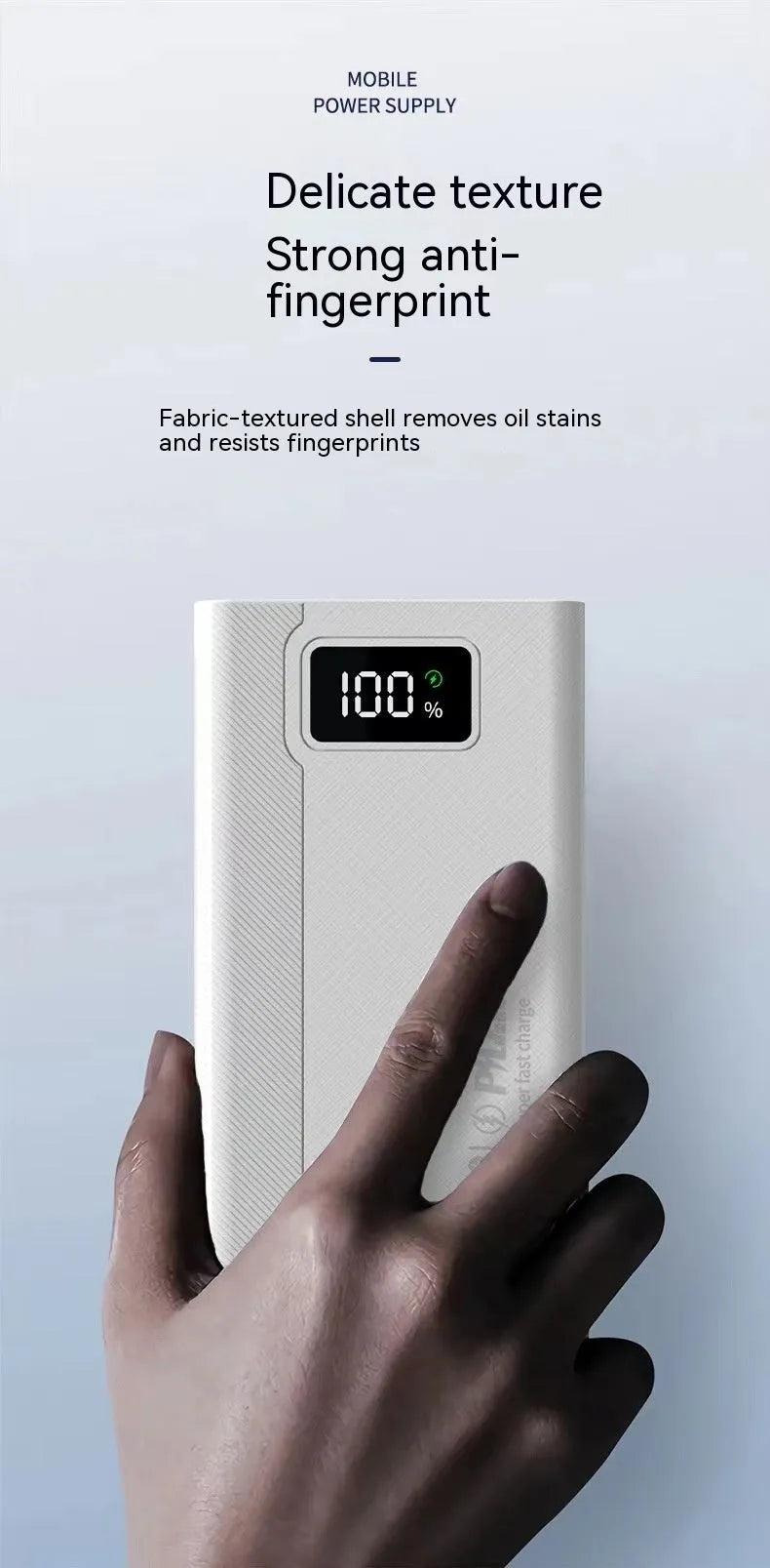Large capacity power bank in black or white plastic casing showing front panel with charging ports