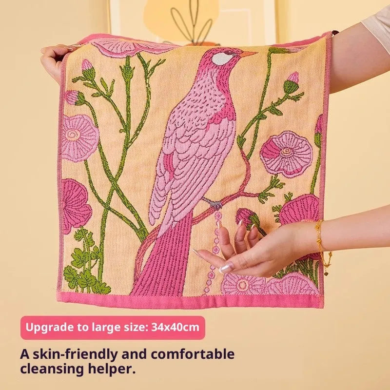 Class A pure cotton gauze square towel 40x34cm multipack with printed colour patterns on white background