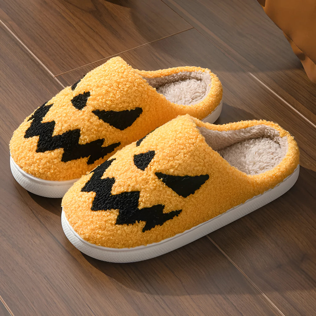 Halloween couple slippers with embroidered ghost face design in suede upper and PVC sole