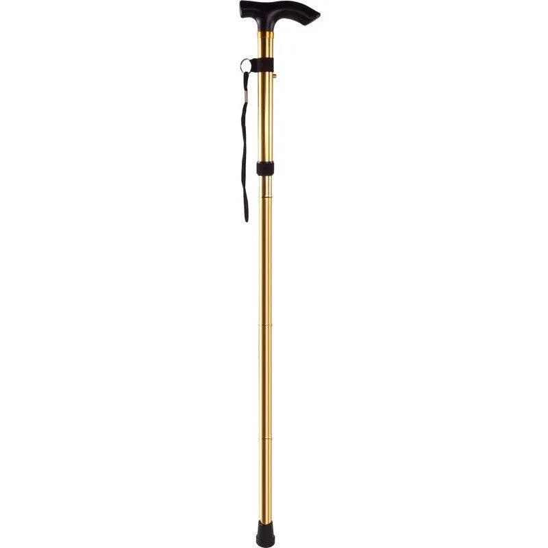 Aluminum alloy folding walking stick in black, shown extended and folded, with non-slip handle.