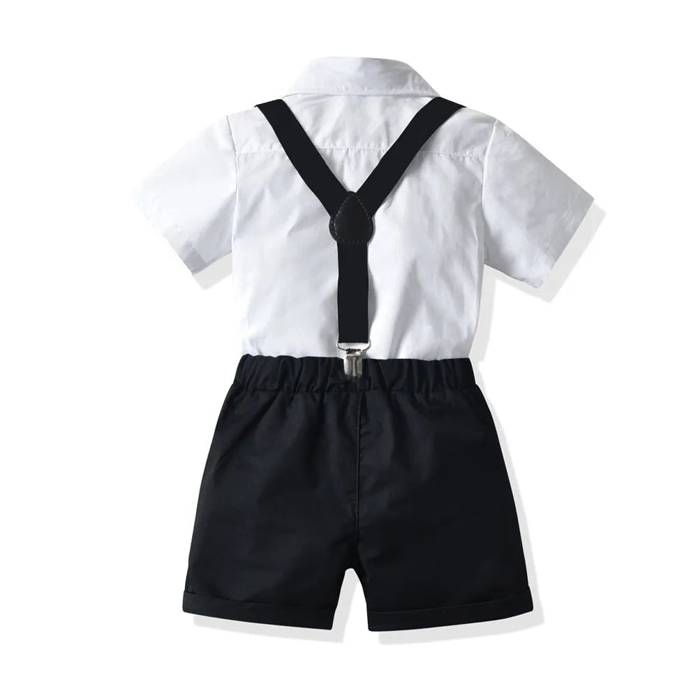 Boys' white short-sleeved shirt and suspender shorts matching set in cotton fabric