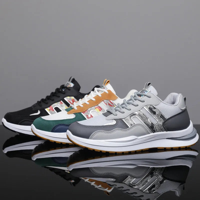 Men's white green mesh sports casual shoe with leather toe holder on a plain background.