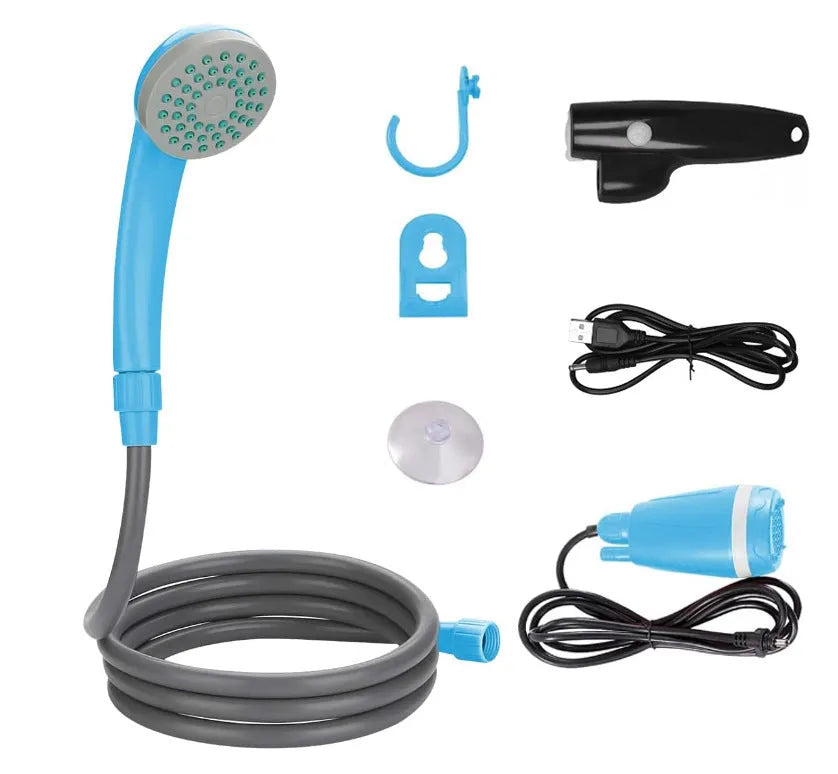 Portable USB wireless vehicle shower with blue lithium battery and water hose