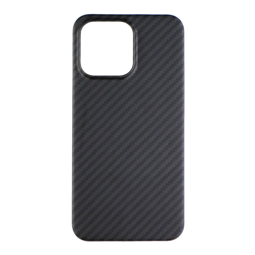 Matte black Kevlar fibre protective iPhone case showing textured surface and precise camera cutouts