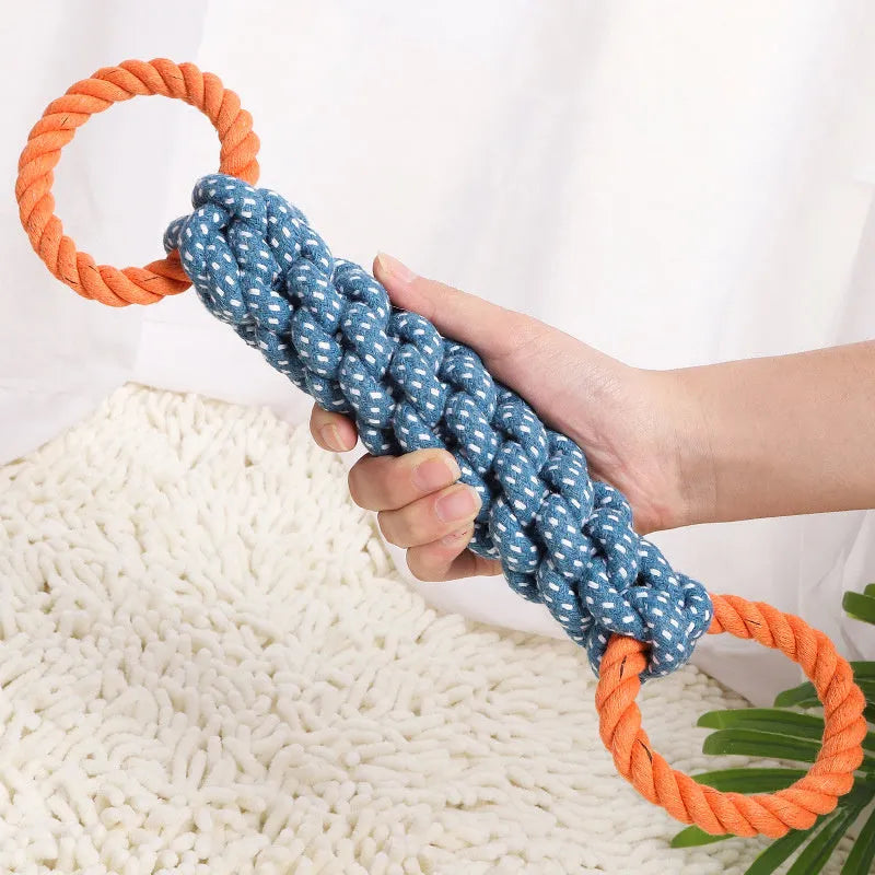 Blue double-ring braided cotton bone shape dog chew and tug toy