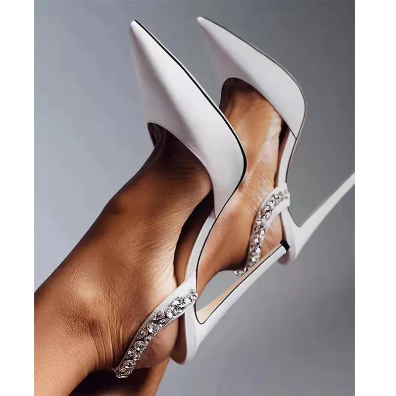 Women's pointed toe high heel sandals with rhinestone straps in patent leather