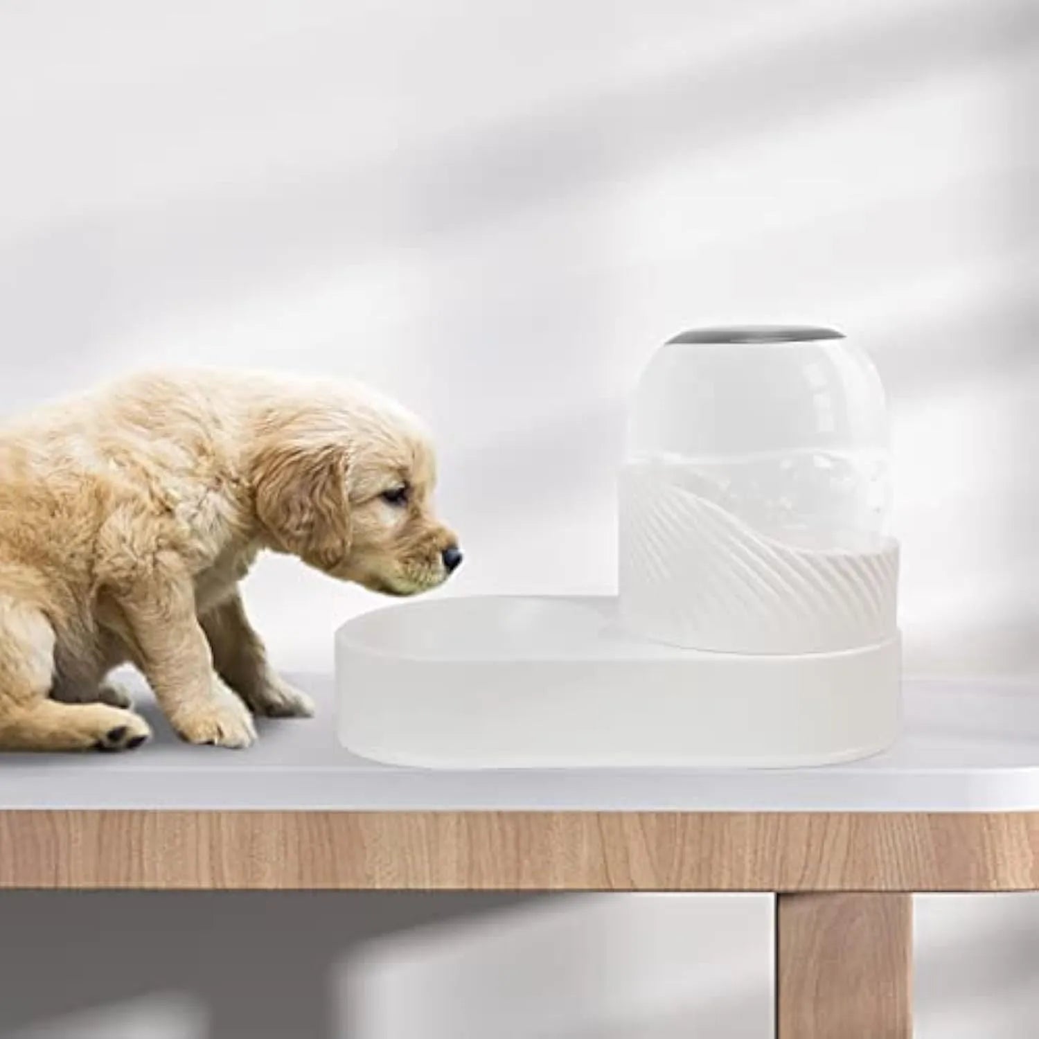 White automatic gravity cat feeder and water dispenser set with wave-patterned design.
