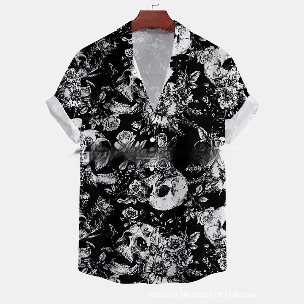 Man wearing a loose-fit short-sleeved floral print shirt in a casual cardigan style.