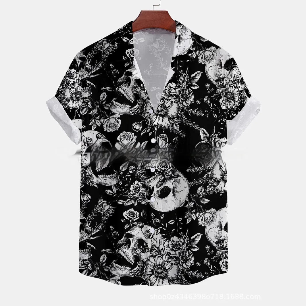 Man wearing a loose-fit short-sleeved floral print shirt in a casual cardigan style.
