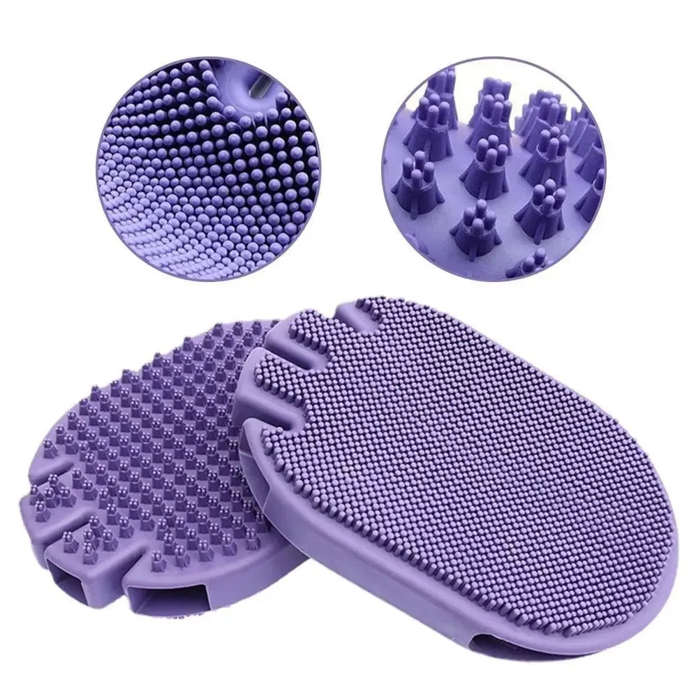Purple dual-sided silicone pet shampoo and massage brush with soft TPR bristles