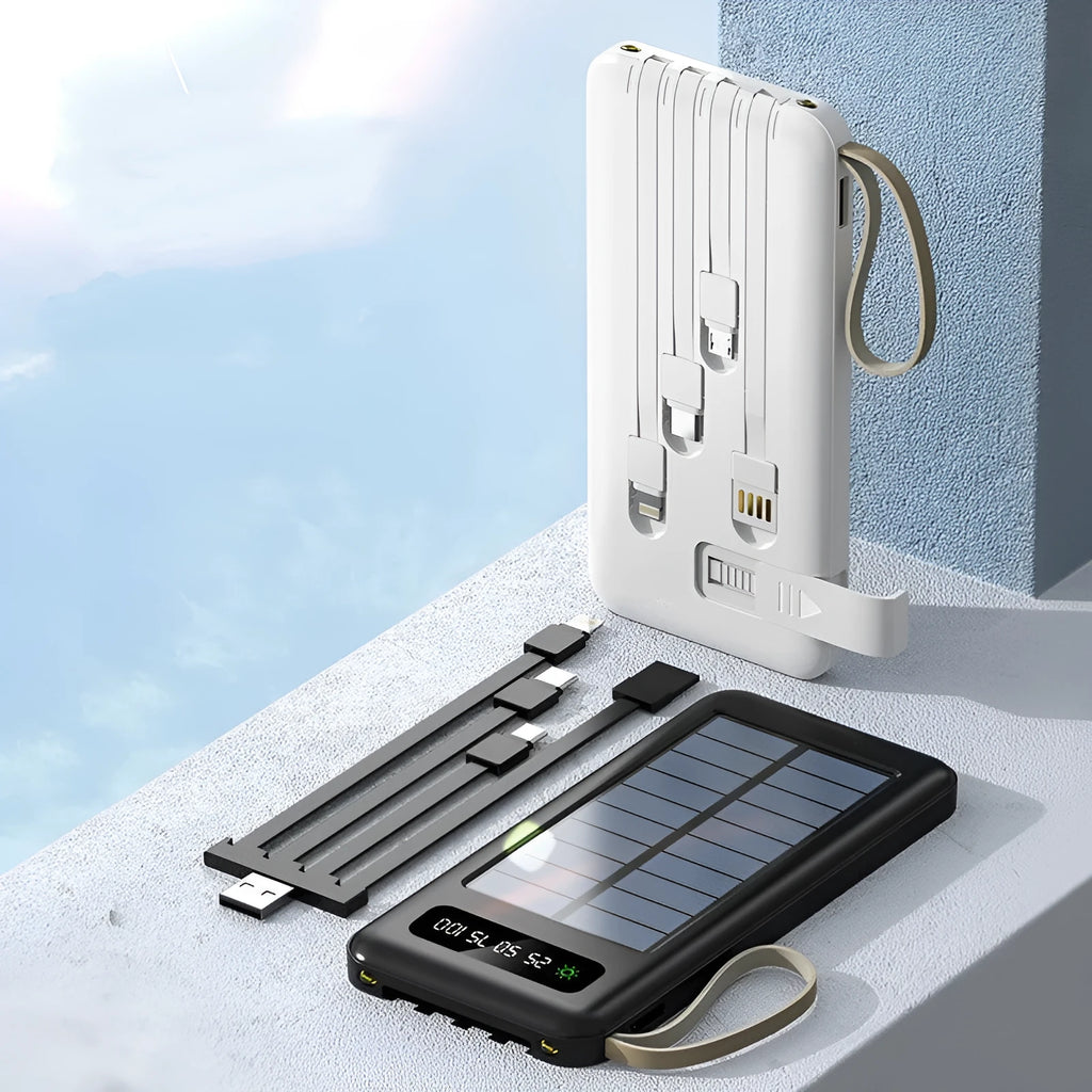 Solar Super Capacity Power Bank in black or white, showing front with solar panel and USB port, dimensions 144mm x 68mm.