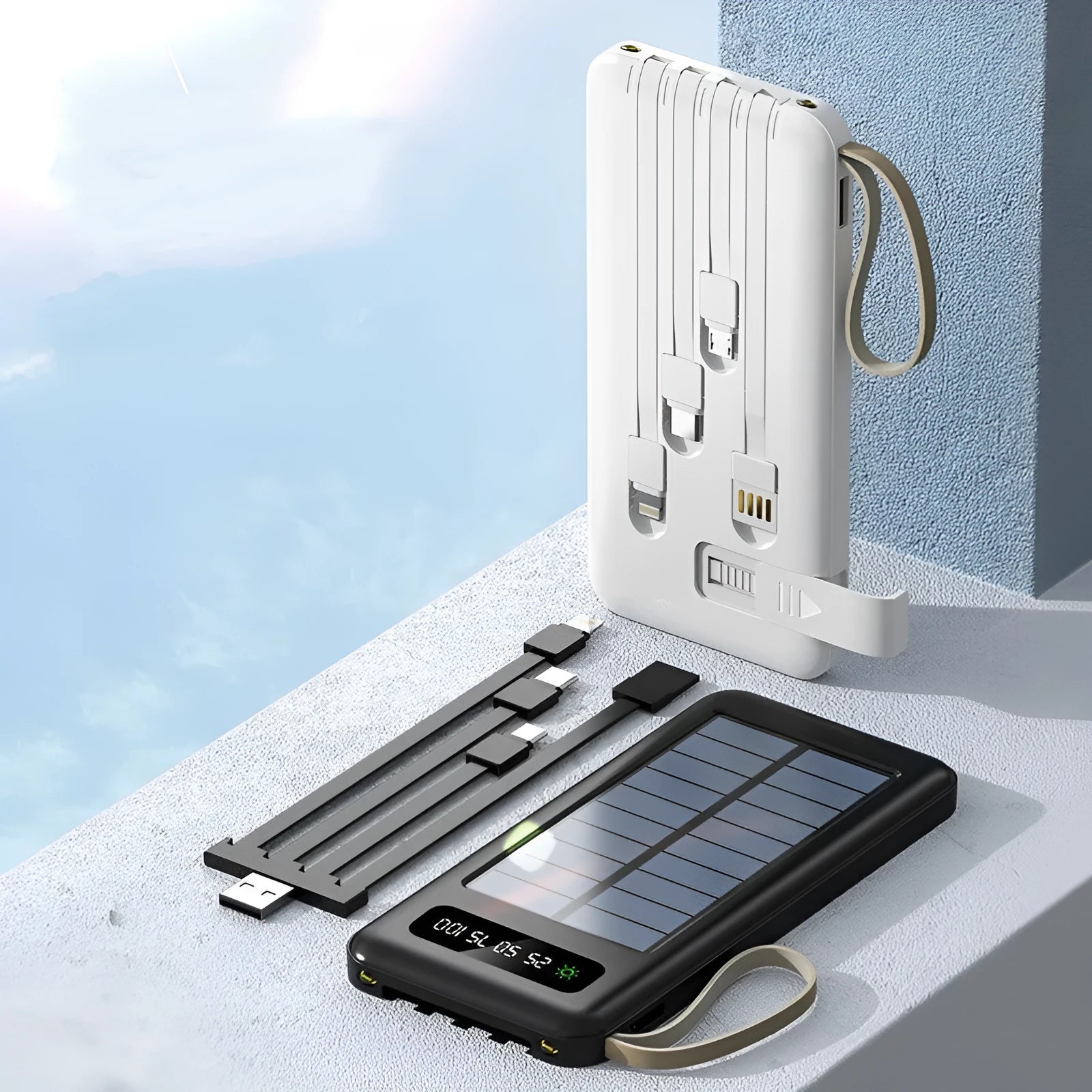 Solar Super Capacity Power Bank in black or white, showing front with solar panel and USB port, dimensions 144mm x 68mm.