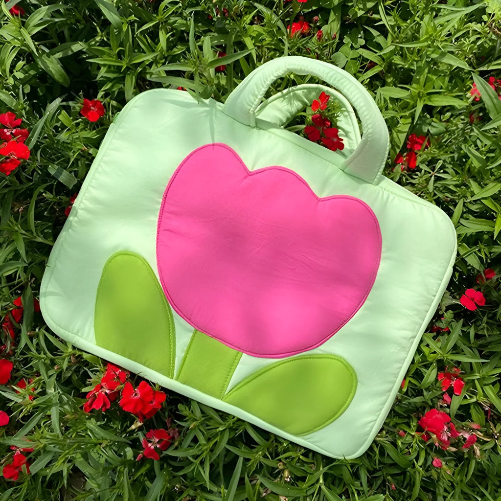 Net-red polyester handbag for women with green safflower print, retro style shoulder bag in 14 or 16 inch size