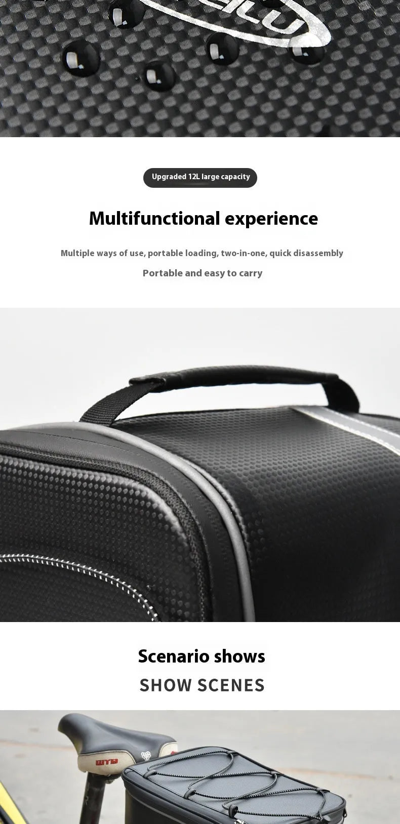 Black 12L waterproof backseat bag for car rack and bicycle equipment storage