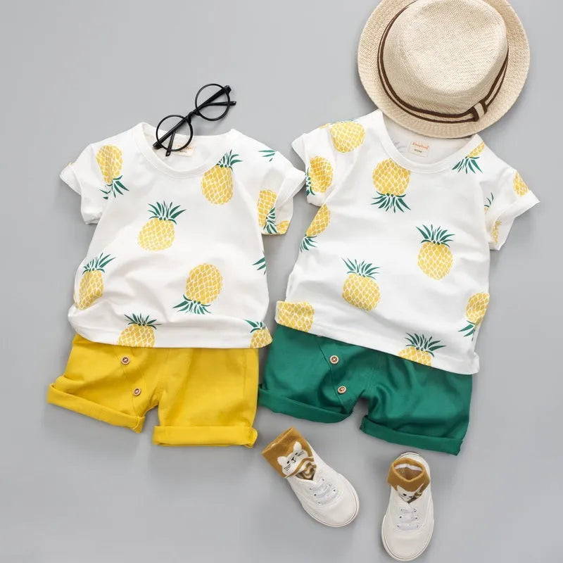 Summer kids cotton short-sleeved T-shirt and shorts two-piece suit in pineapple yellow, sizes 80-120cm