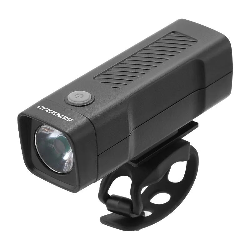 Black USB rechargeable bicycle headlight with quick-release strap mounted on bike handlebars.