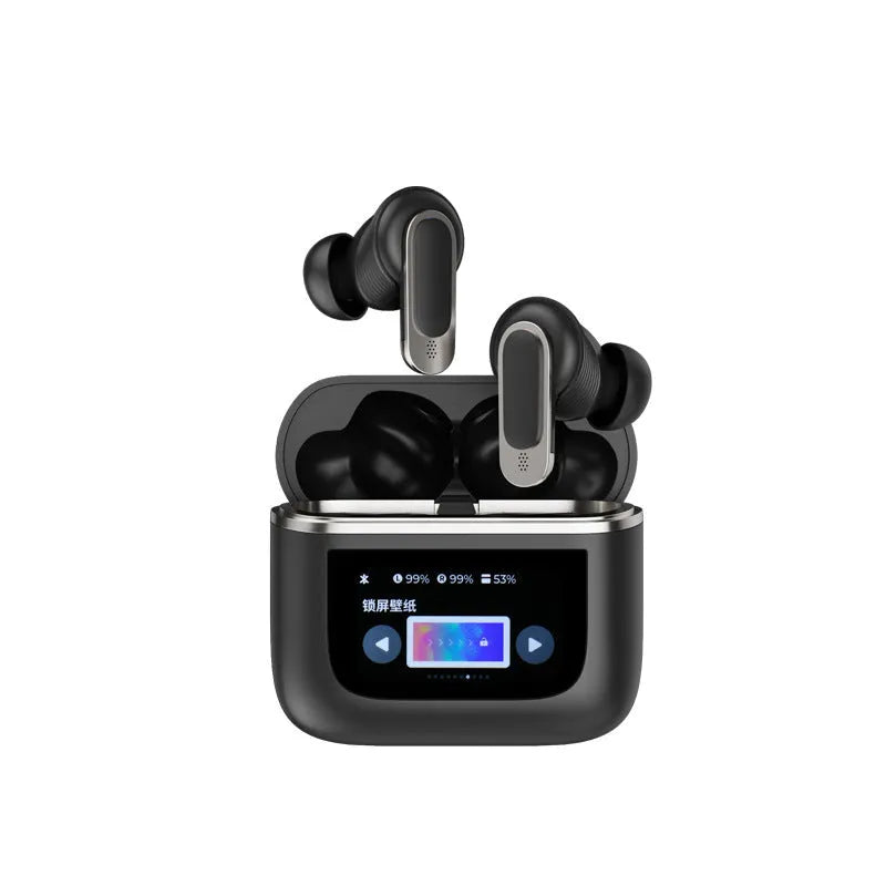 Black in-ear Bluetooth headset with touch screen interface and active noise cancellation