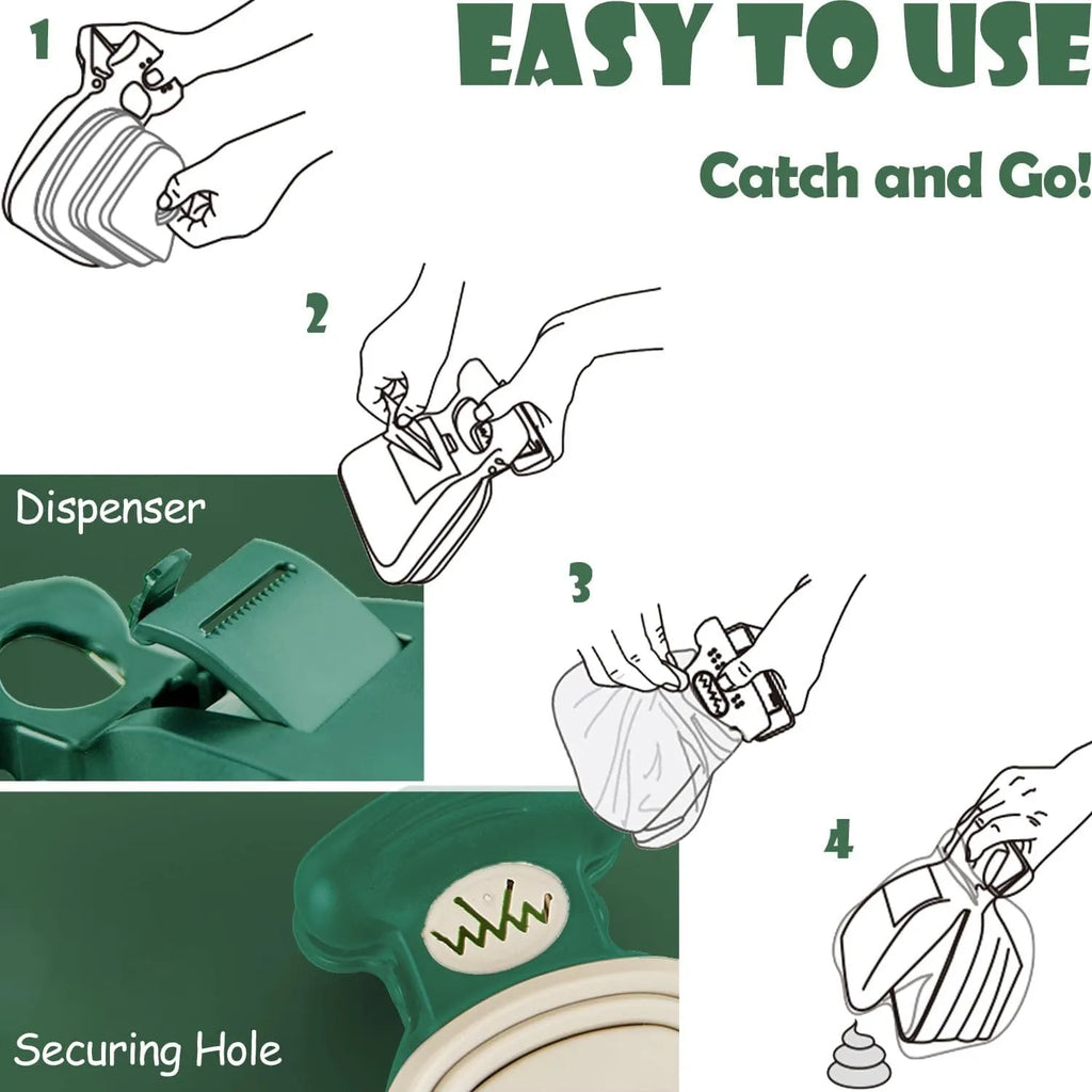 Blue portable dog pooper scooper with clip and integrated waste bag compartment.