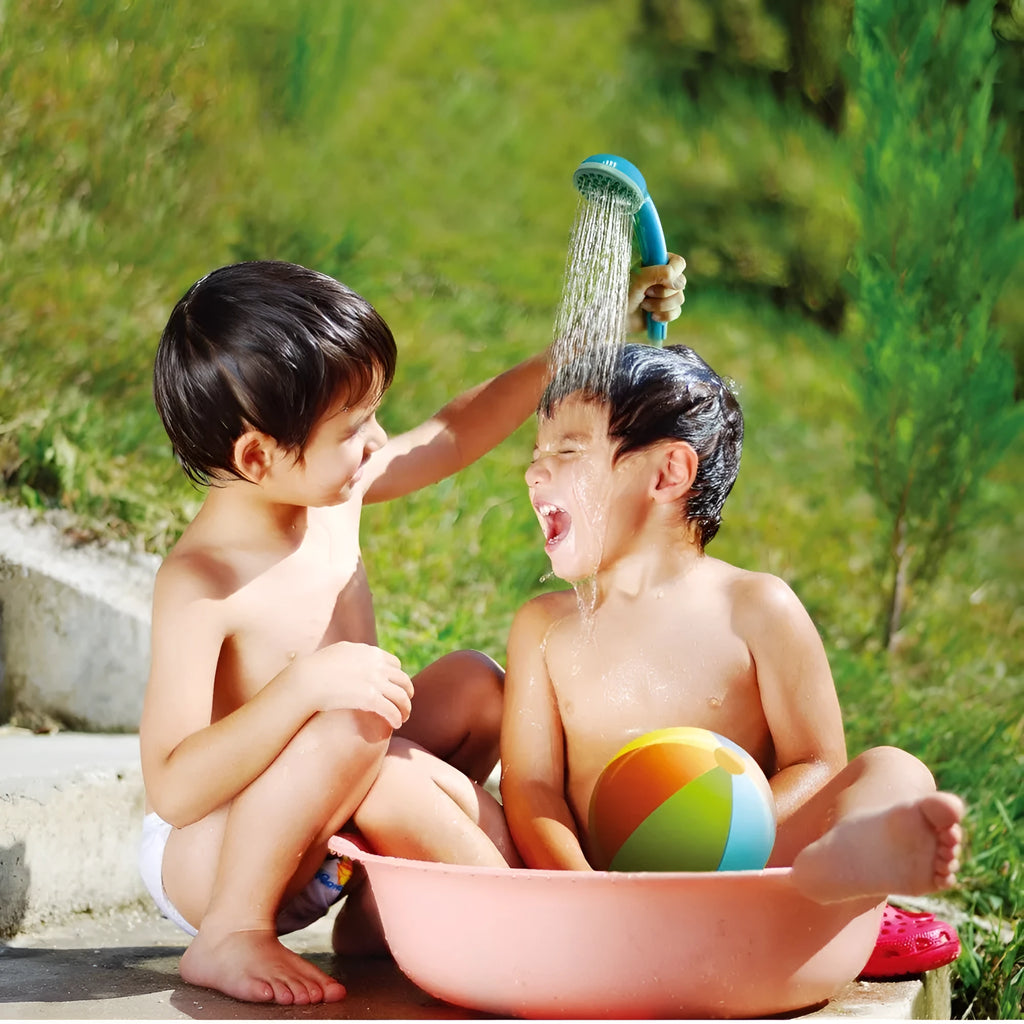 Outdoor electric portable shower in bright orange and yellow, ABS body with 1.8m hose for camping and pet rinse
