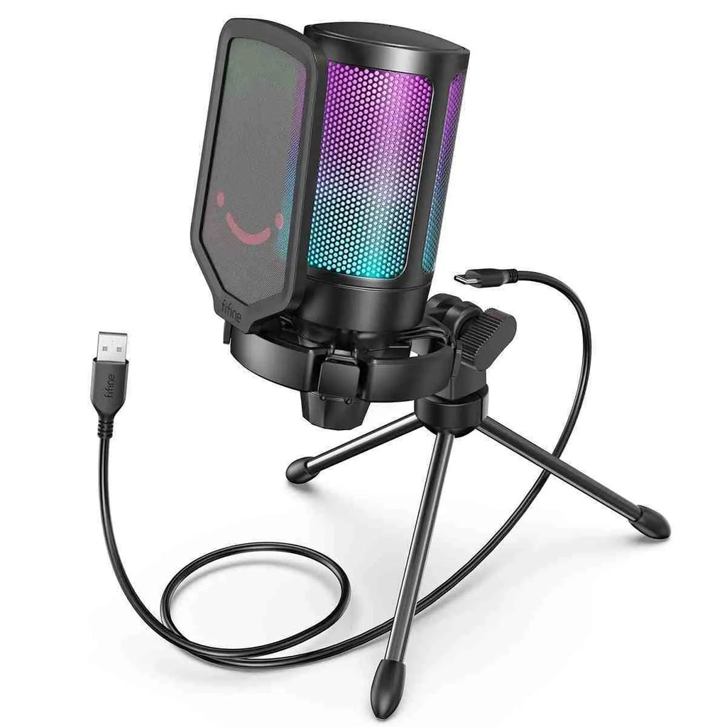 Black USB condenser gaming microphone for PC, PS4, and PS5 with wireless connection and moving coil type